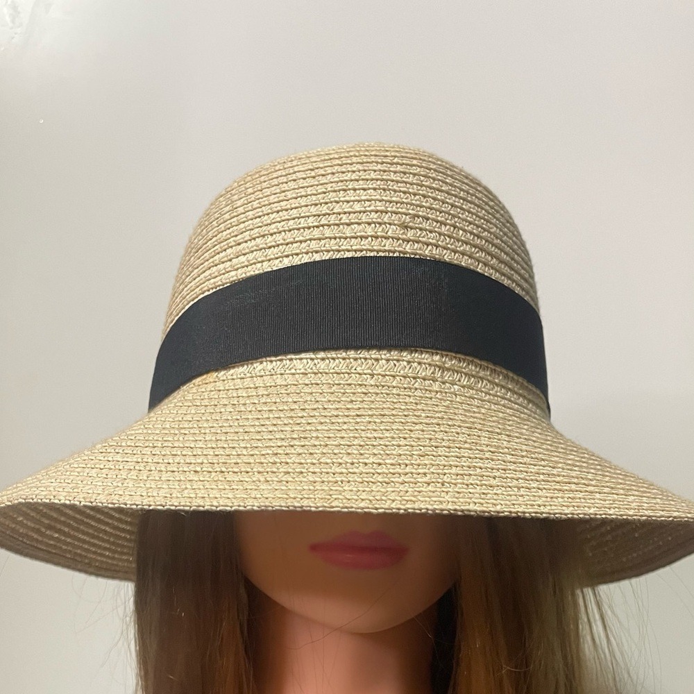 Womens Straw Sun Hat Black Ribbon Wide Brim Beach Vacation